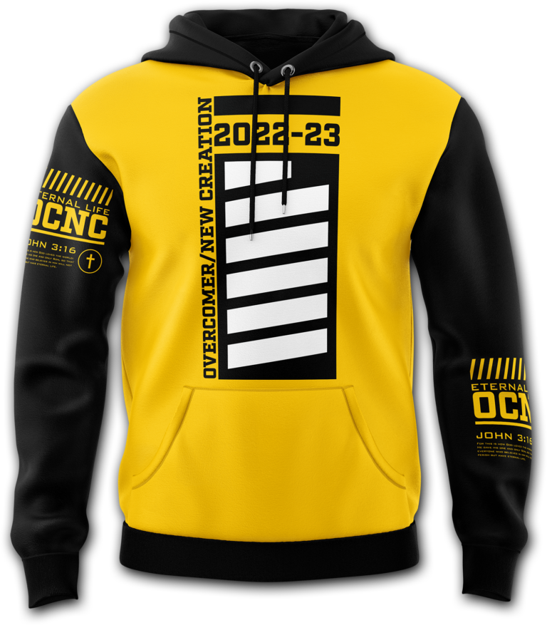 Yellow and black hoodie with an industrial design. Christian.